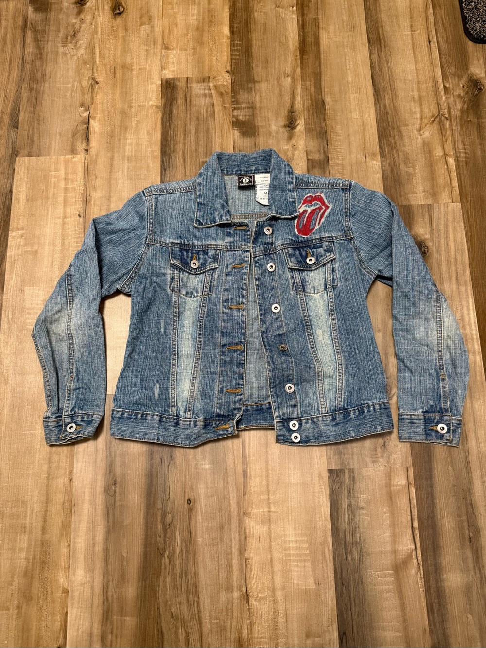 Ladies Medium Vintage Distressed Rolling Stones Denim Jacket